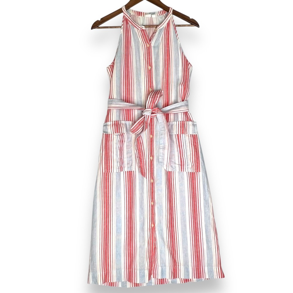 GAP Halter Shirt Dress Striped Sleeveless Belt‎ Pockets Red White Blue XS Tall